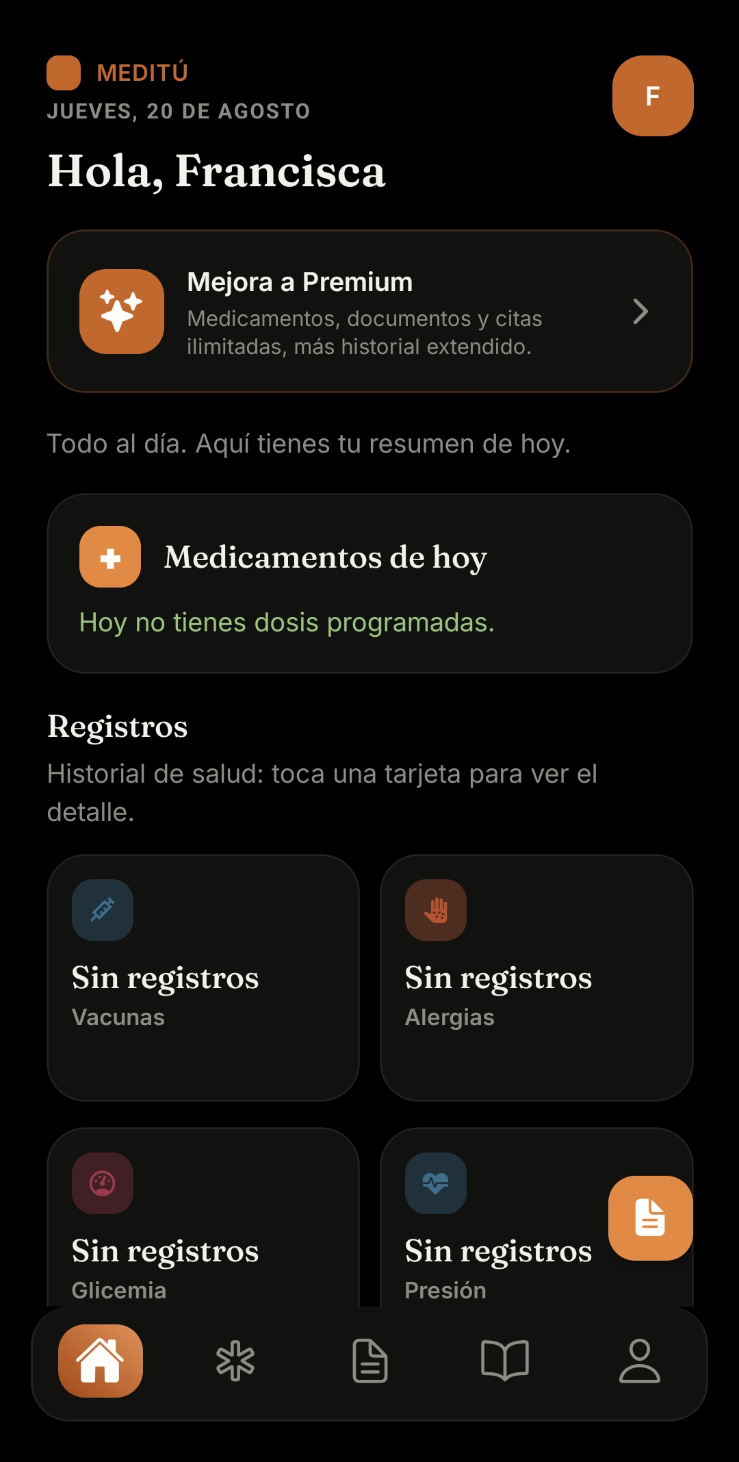 Inicio de Meditu, con el resumen de medicamentos de hoy