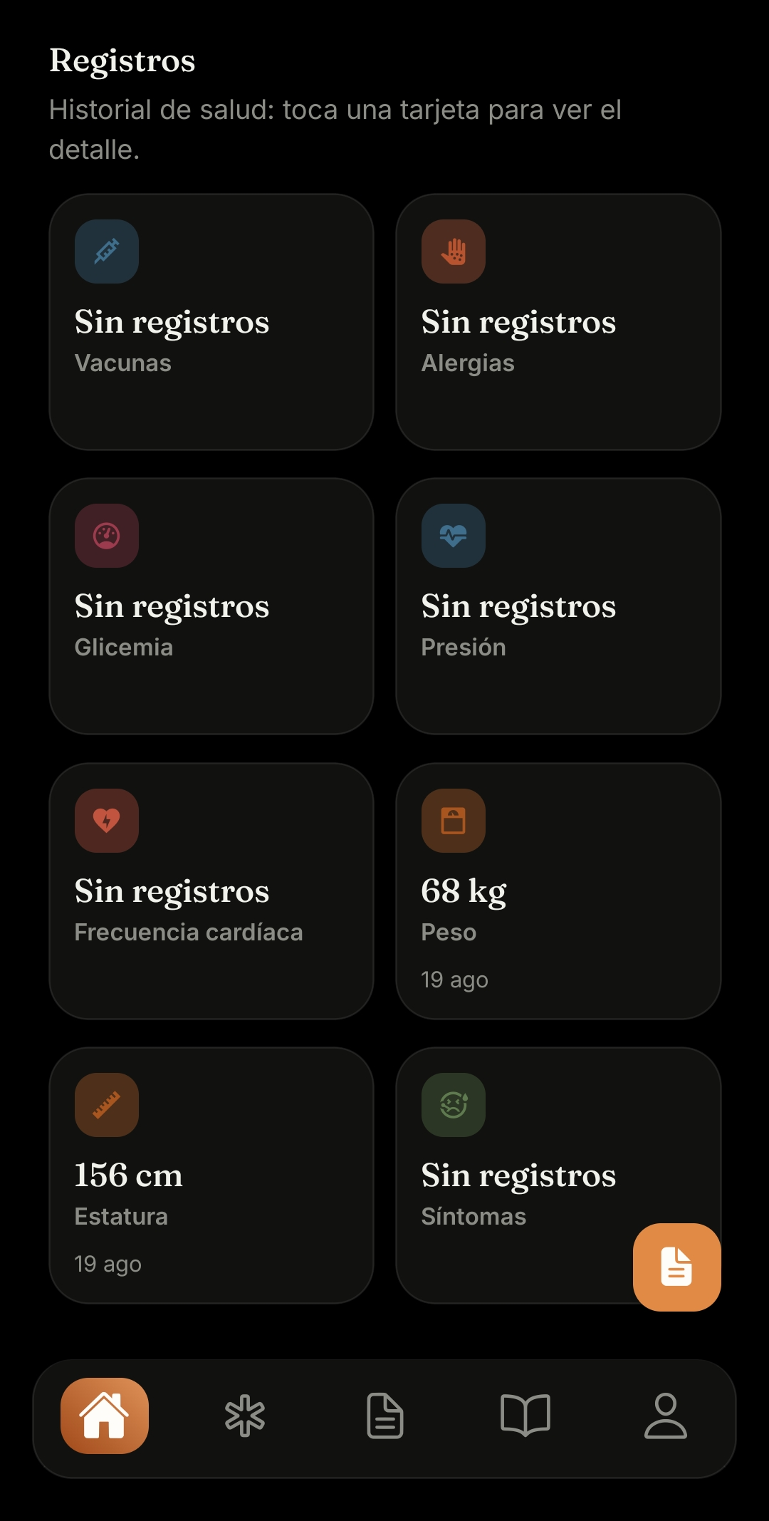 Registros de salud: vacunas, alergias, glicemia, presión, peso y más